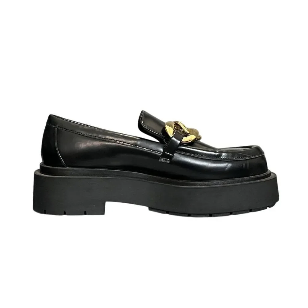 H&M Women's Black Faux Leather Platform Loafers 9 Chunky Gold Chain Gothic Party